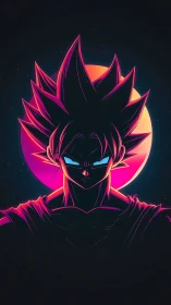 Neon-lit anime warrior silhouetted before cosmic sun.