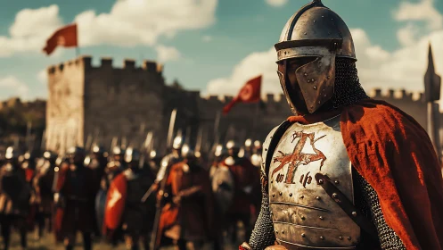 Medieval crusader knight in plate armor before stone fortress