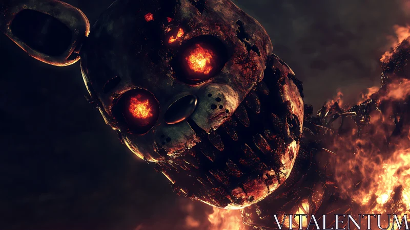 Burning corroded animatronic rabbit head with molten eyes