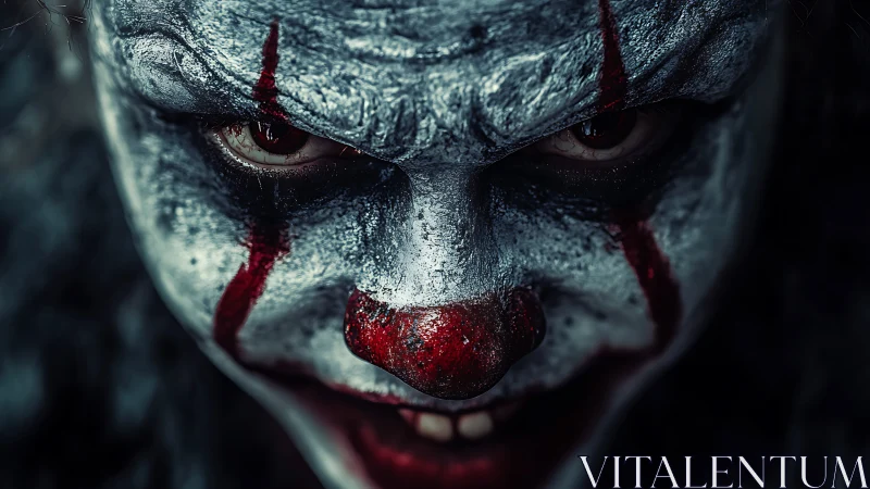 Sinister clown close-up under harsh cinematic lighting.