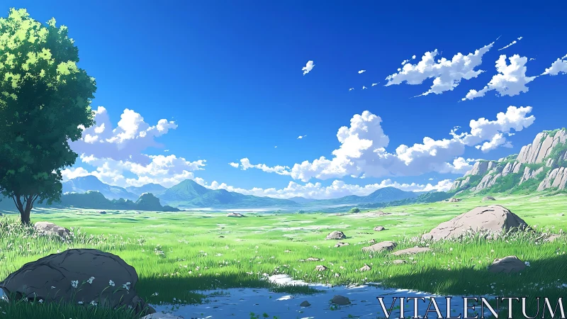 Sunlit green meadow stretching under a wide summer sky.