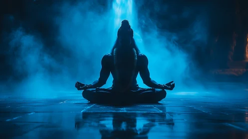 Silhouetted yogi meditating in blue atmospheric light.