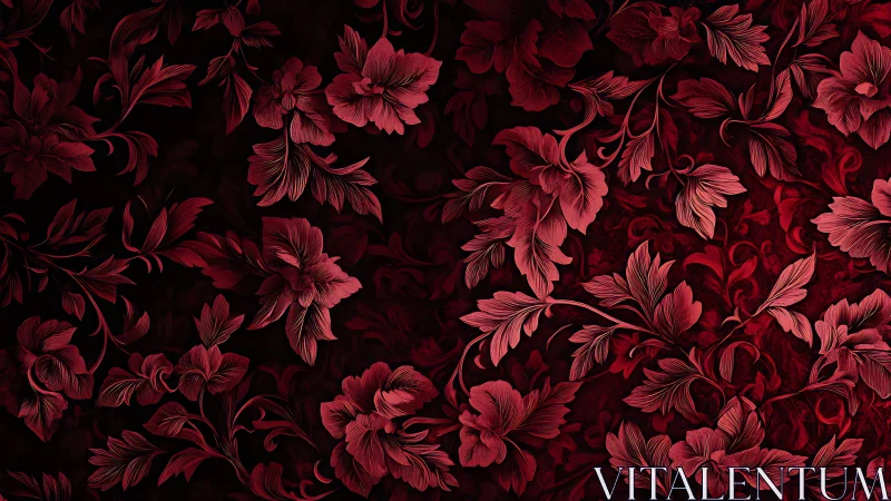 Deep Crimson Botanical Tapestry with Ornamental Floral Engraving.