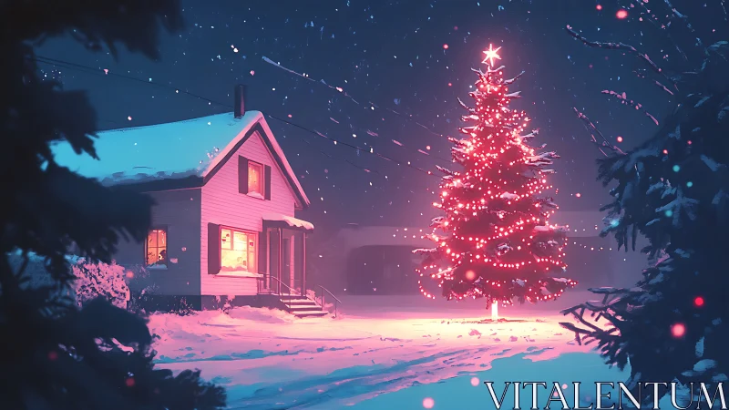 Snowlit cottage and glowing Christmas tree in hush of night.
