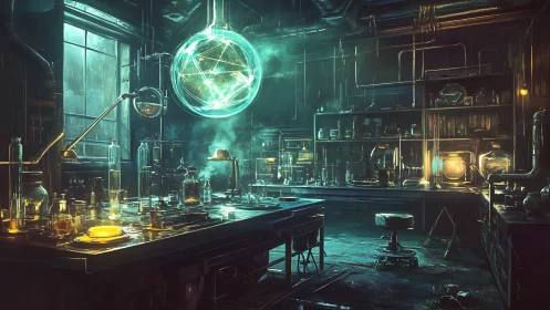 Glowing alchemy lab bathed in emerald light and quiet wonder.
