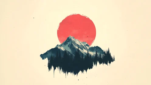 Minimalist alpine silhouette under bold crimson sun disc.