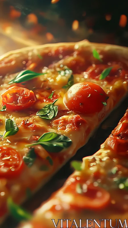 Margherita pizza slice glows under warm oven light.