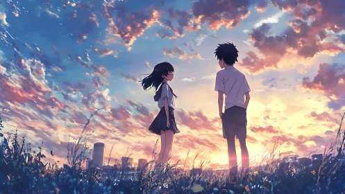 Two students stand in a field overlooking a city at sunset