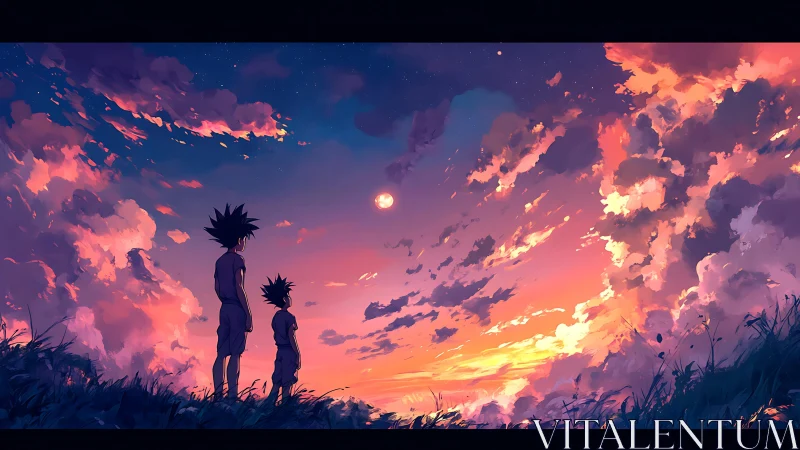 Stargazing siblings under sherbet storm clouds at dusk.