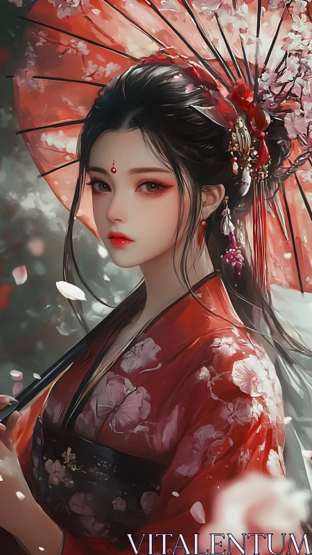 Woman in red kimono stands under parasol with blossoms