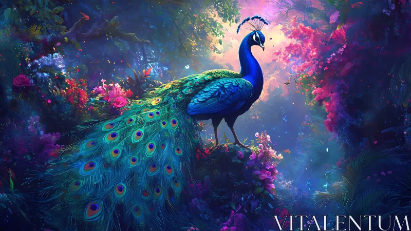 Peacock stands on foliage amid dense, multicolored flora