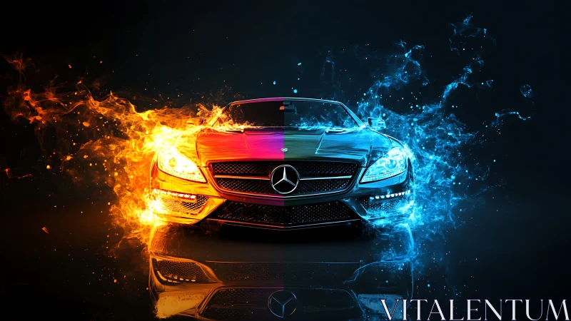 Fire and water duel across a midnight-speed luxury coupe