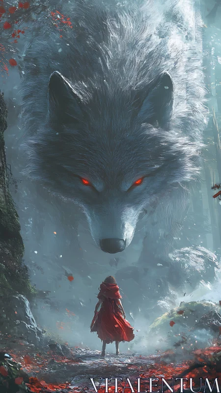 Crimson cloak and titanic wolf share a misty forest standoff.
