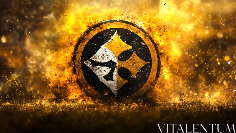 Circular emblem with geometric shapes on fiery background.