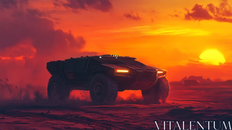 Cinematic desert rover in saturated sunset digital painting.