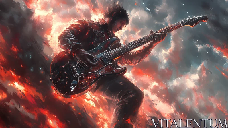 Fiery rock guitarist soaring through a storm of glowing clouds.