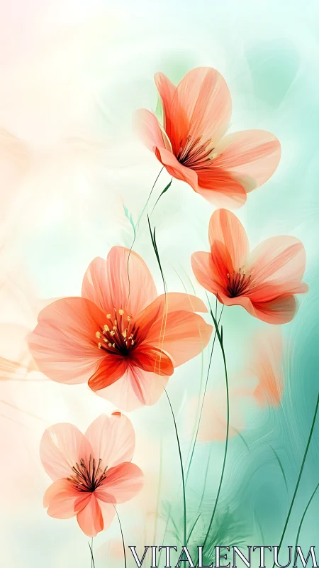 Digital botanical rendering of coral-toned flowers against gradient background.