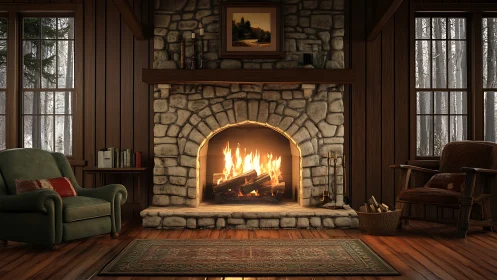 Stone fireplace in wood-paneled room with winter view.