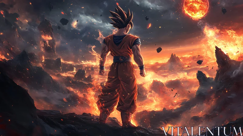 Volcanic energy warrior surveying apocalyptic firestorm horizon.