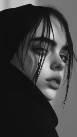 Monochrome close portrait of hooded person in profile view.