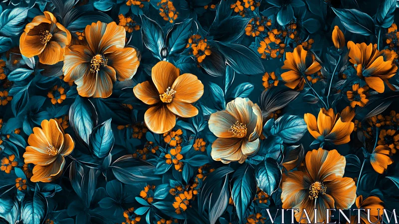 Golden Blooms Against Deep Teal: Layered Floral Composition Study.