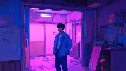 Figure in neon lit doorway within cluttered interior space.