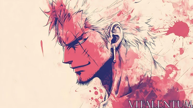 Scarred warrior profile merges with abstract crimson splashes