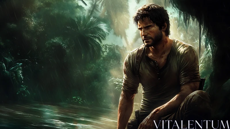 Weathered explorer rests under dense rainforest canopy in rain