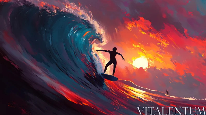 Silhouette surfer carving molten sunset wave in vivid hues.