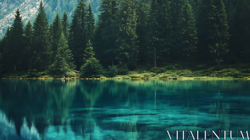 Pristine Alpine Lake with Coniferous Forest Shoreline Reflection.