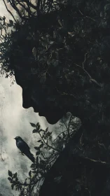 Silhouetted arboreal profile merges with perched bird in chiaroscuro