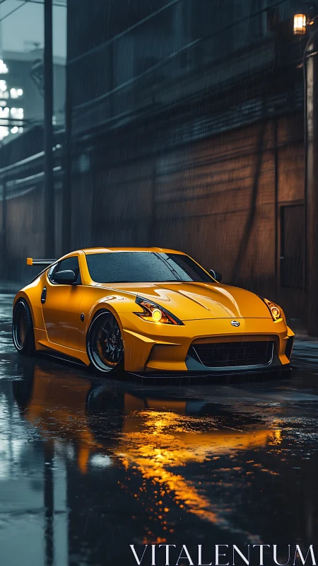 Yellow sports coupe glows against a rainy neon city alley