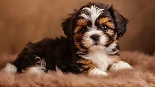 Small tricolor puppy rests on soft brown fur blanket
