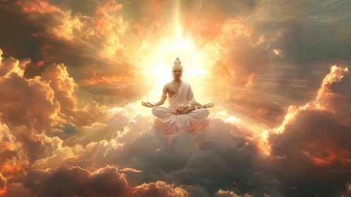 Radiant celestial yogi meditates within blazing sunset clouds