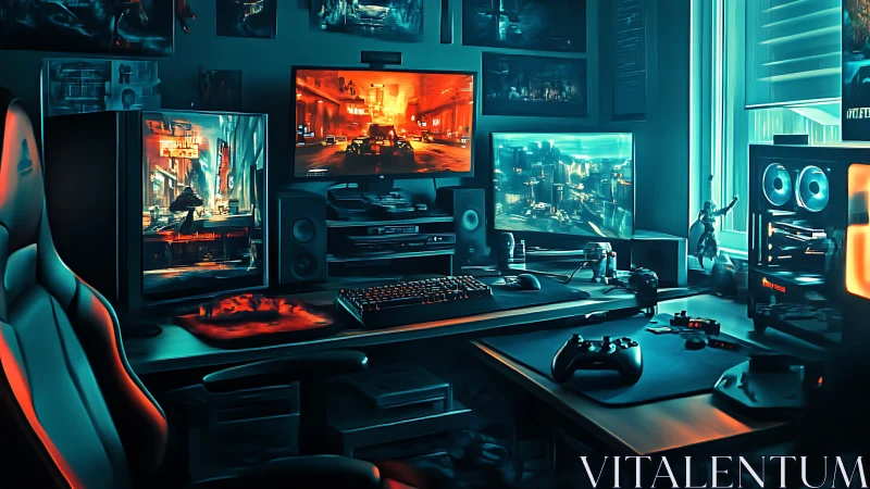 Immersive neon-lit gaming battle station glows with cyber energy