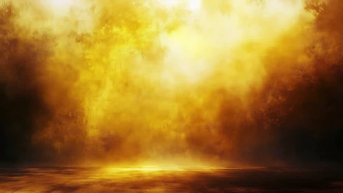 Golden atmospheric haze over reflective ground plane.