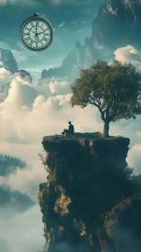 Solitary figure on cliff with floating clock above clouds.