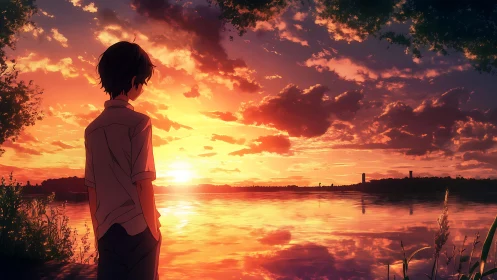 Silhouetted youth by reflective lake at vivid sunset sky.