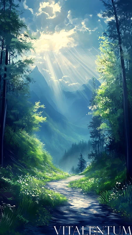 Luminous Forest Valley. Godlight Through Ancient Trees.