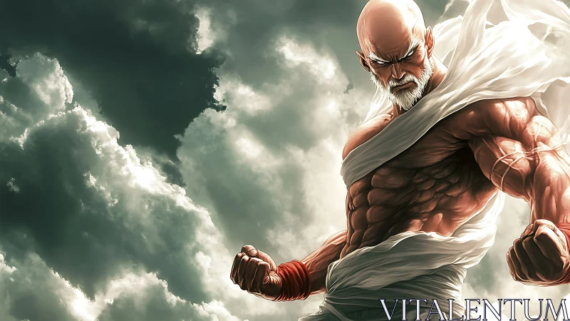 Stormy sky frames a determined warrior ready for battle