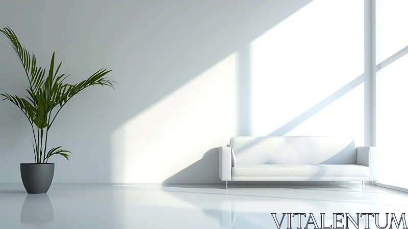Minimalist white sofa interior with potted palm and hard light