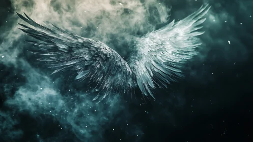 Symmetrical feathered wings extend within a dense smoky field