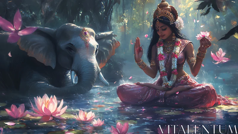 Divine woman meditating with elephant in lotus filled water.