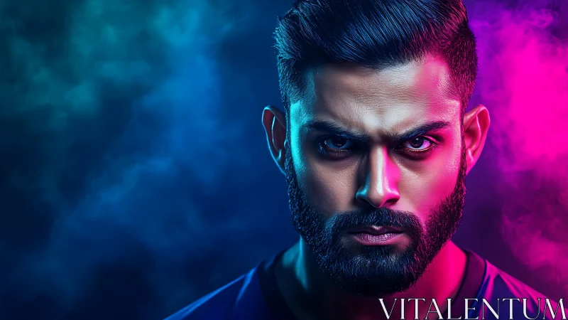 Electric gaze in neon smoke, a portrait charged with focus.