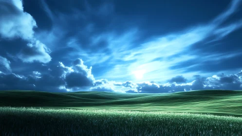 Moonlit breeze over rolling fields and a dreamy blue sky.