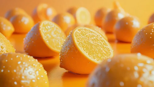 Wet lemon halves arranged on reflective orange surface.