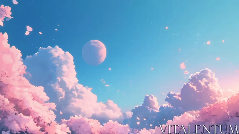 Pastel clouds and distant moon over blooming pink horizon.