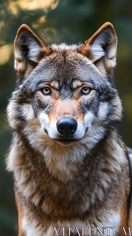 Photorealistic frontal wolf portrait with shallow depth of field.