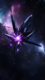 Faceted crystalline object suspended in deep space field.