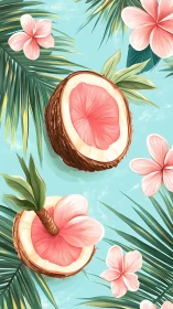Tropical coconuts and pink flowers on bright blue background.